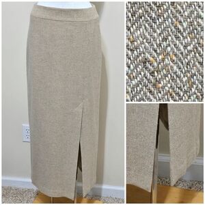Ann Taylor Maxi Skirt Sz 6 Silk/Wool Herringbone Cream Slit Academia Old Money